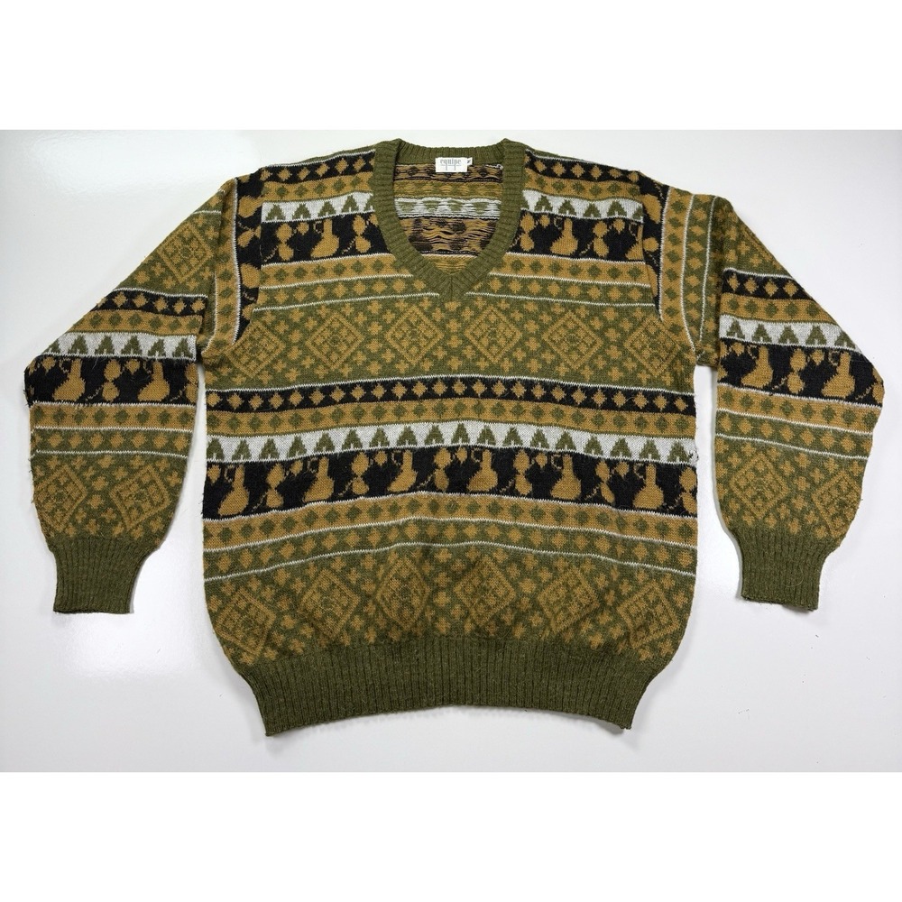 Vintage 90s Retro Equip Knit Sweater Medium Green mustard Pullover‎ Mens cozy